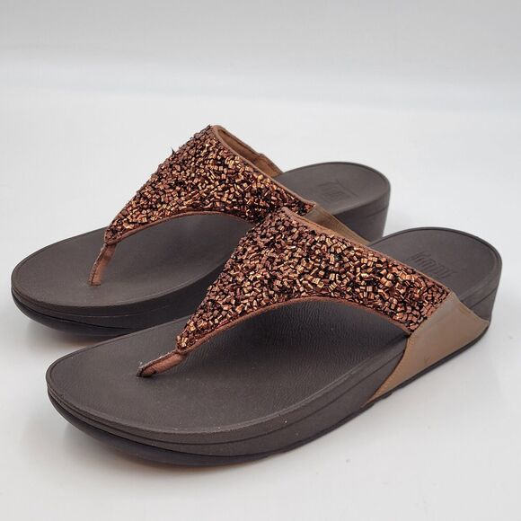 FITFLOP LULU SHIMMERFOIL SHIMMERY BRONZE TOE-THONG SANDLES TRAVEL SIZE US 10 - Picture 1 of 9